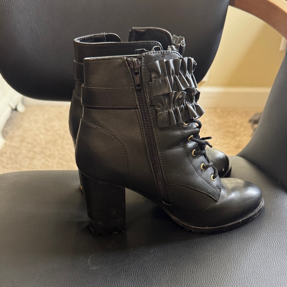 Betsey Johnson Black Heeled Boots with Gold Buckle